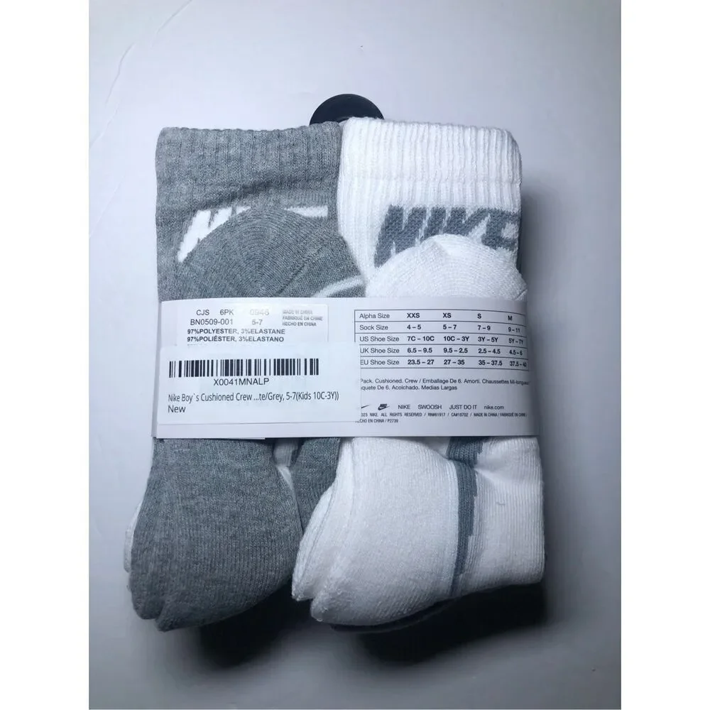 Nike Boys Cushioned Crew Socks 6 Pack (Grey/White) size 10C-3Y